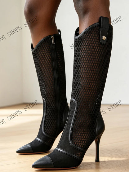 2026 Women's  Ankle Boots Patchwork Thin High Heels Short Boots Lace up Handmade Ladies Shoes Woman Large Size 44