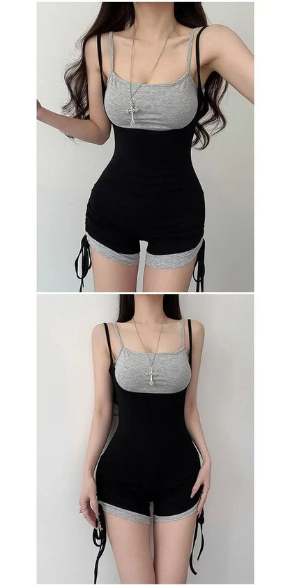 American Style Street Hot Girl Sexy Suspender Jumpsuit Shorts Color Blocked Fake Two-piece Design Sense Fitness Yoga Jumpsuit