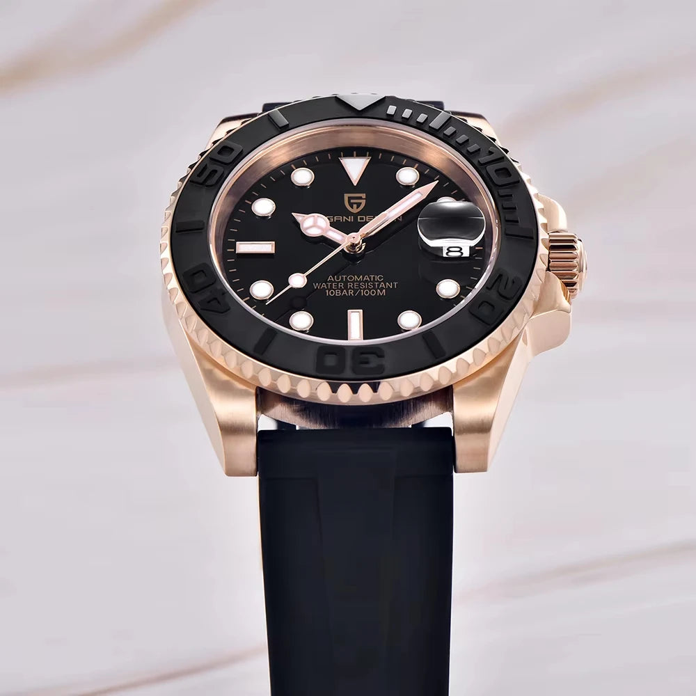 Hot Top PAGANI DESIGN Men Automatic Mechanical Watch Rose Gold Case Black Rubber Strap Dive Watch Sapphire Glass 100M Waterproof Luminous Date Sport Mens Wristwatch Relogio Masculino
