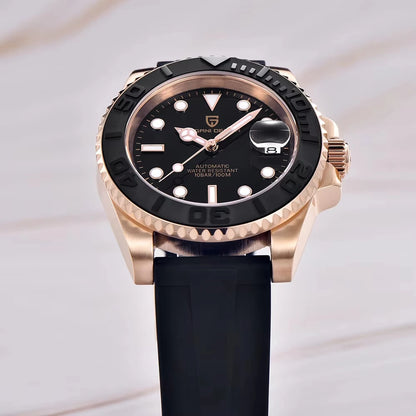 Hot Top PAGANI DESIGN Men Automatic Mechanical Watch Rose Gold Case Black Rubber Strap Dive Watch Sapphire Glass 100M Waterproof Luminous Date Sport Mens Wristwatch Relogio Masculino