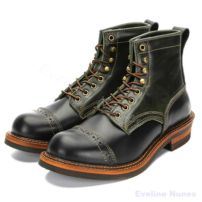 Brogue Cap‑Toe Non‑Slip Combat Boots Men Genuine Leather Lace‑Up Motorcycle Boots Casual Thick Outdoor Daily Retro Work Boots