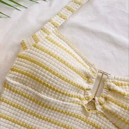 Summer Textured Knit Halter Top And Shorts Set Women Striped Sleeveless Backless Holiday Beach Two Piece Outfit