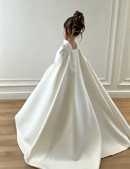 Luxurious White Sequin Beauty Pageant Dress With High Neck Long Sleeves A-line Tail Flower Girl Dress Toddler Princess Wedding