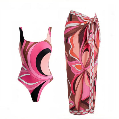 2026 New Long Sleeve Vintage Print One Piece Swimwear Zipper Women Bathing Suit And Wrap Skirt Surfing Swim Suit Beachwear