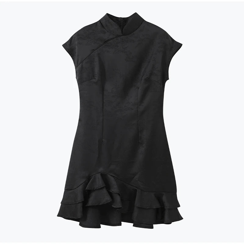 Elegant Satin Irregular Ruffle Hem Mini Dress Women Solid Stand Collar Short Sleeve Slim Dressess 2026 Lady Party Evening Gown
