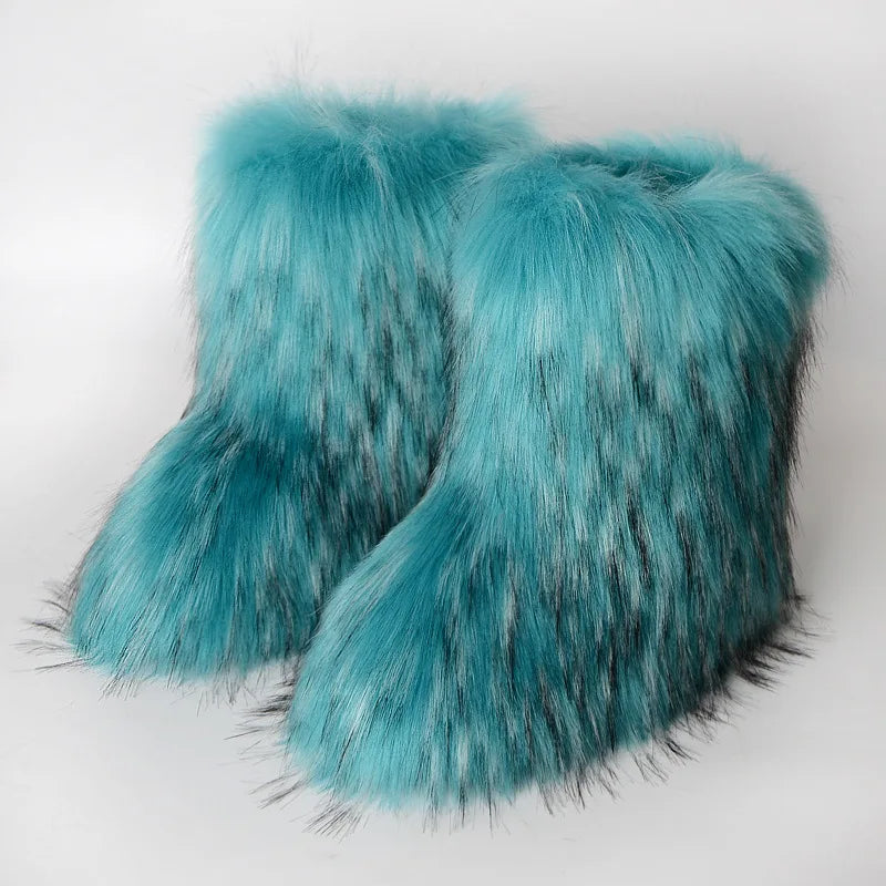 Women Faux Fur Boots Winter Fluffy Plush Warm Mid Calf Snow Boots Luxury Fashion Furry Boots Comfortable Outdoor Flat Shoes