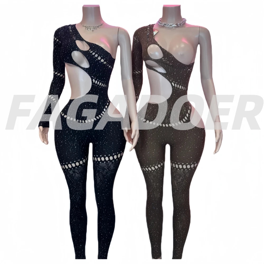 FAGADOER Spring Summer New Sexy Jumpsuits Women See Through Hollow Out Rhinestone Patchwork Rompers Female Streetwear Overalls
