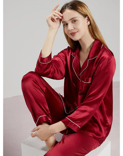 19MM 100% Mulberry Silk Pajamas Women Silk Sleepwear Lady Long-sleeved TrousersTwo-piece Spring Summer  Loose Sexy Home Clothes