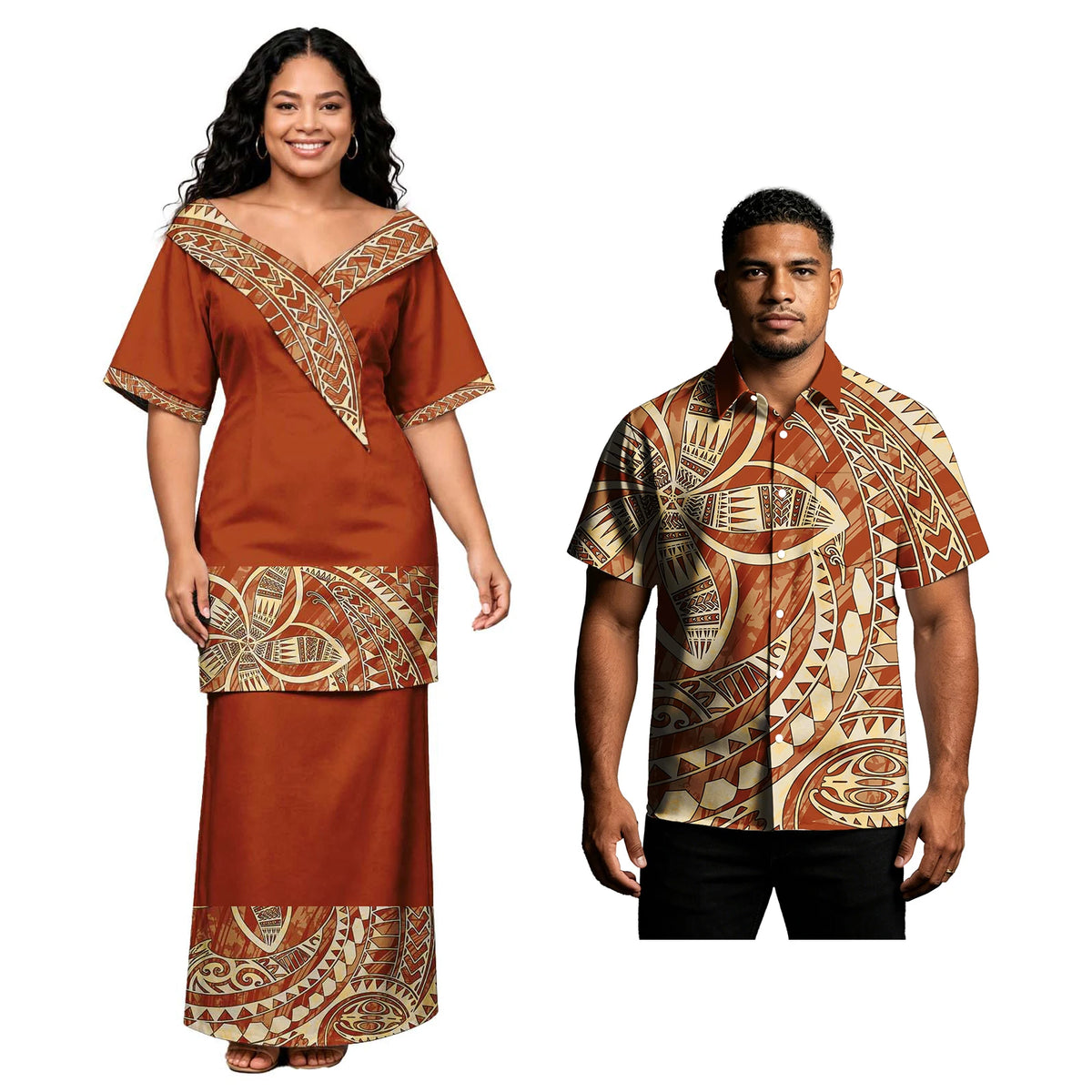 Holiday Party Hawaiian Tropical Pattern Couple Outfits Polynesian Men Button Shirts Women Tribal Design Church Samoan Puletasi