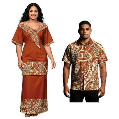 Holiday Party Hawaiian Tropical Pattern Couple Outfits Polynesian Men Button Shirts Women Tribal Design Church Samoan Puletasi