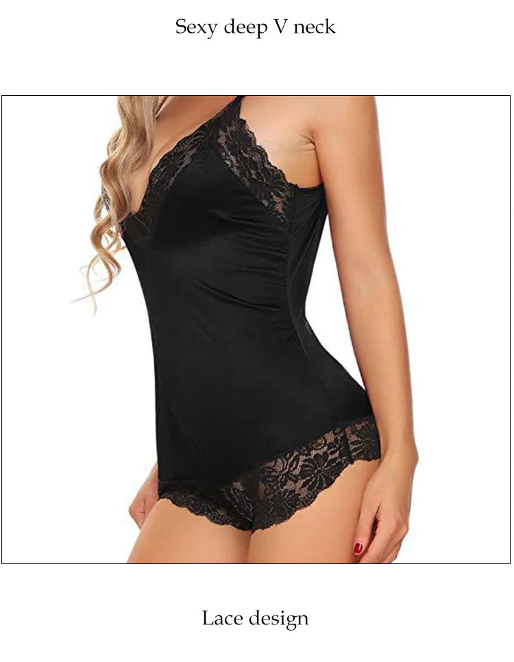 Women Lace Pajamas Nightclothes Black M L XL Sexy Ice Silky Smooth Cool Low Cut V Neck Deep V Short Jumpsuit for Women