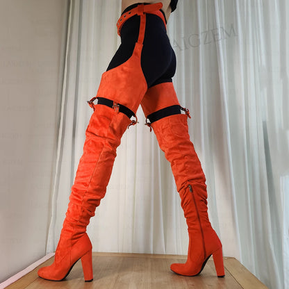 LAIGZEM Women Thigh High Chap Boots Round Toe Side Zip Faux Suede Waist Belted Thick Heels Boots Shoes Woman Big Size 39 45 52