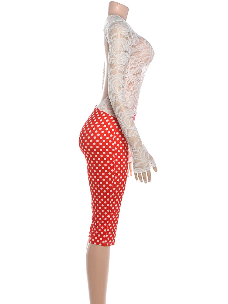 Weird Puss Patchwork Romper Women Sexy Backless Jacquard Dot Print Tight Midnight Hipster Street Activity Skinny Fall Playsuit