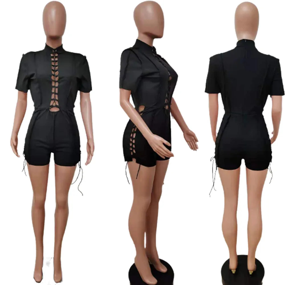 Wholesale Streetwear Jumpsuit Women 2023 One-pieces Outfits Rompers Summer Green Short Sleeve Bodycon Casual Bandage Playsuits