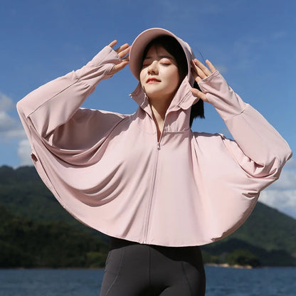 Solid Color Sunscreen Hoodie Long Sleeve Large Brim Hat Summer Sunscreen Shawl Thin Arm Sleeves Ice Silk Short Jacket Running