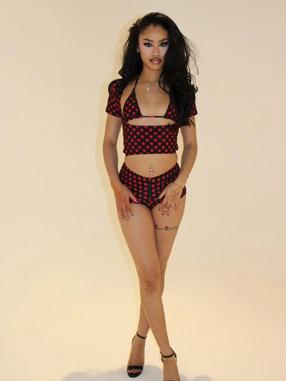 Sisterlinda Sexy Women Polka Dot Print 2 Piece Set Hollow Bandages Low-Neck Tank Top+Bike Short Street Party Vacation Suits