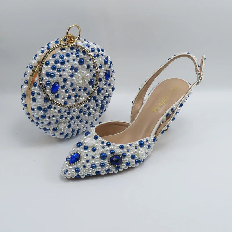 BaoYaFang Green Pointed Toe Pearl Bridal Wedding Shoes and Bag Thin Heel Slingbacks Female Ladies Party Shoe Shallow Women Shoes