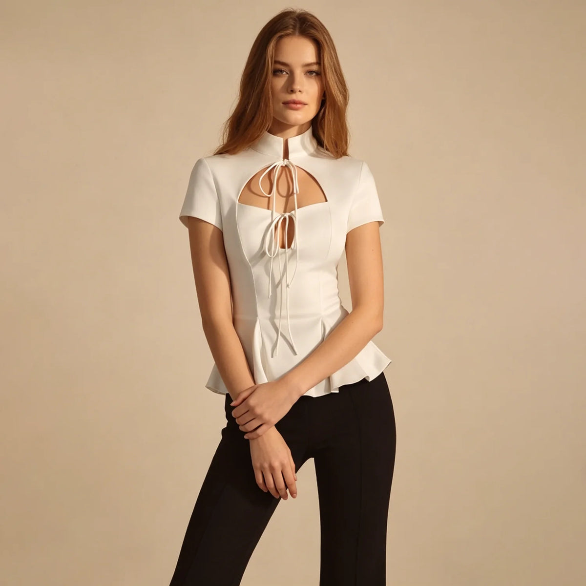 LIMO Elegant White Lace Up Peplum Top, Mandarin Collar Cutout Blouse, Women's Y2K Party Clubwear