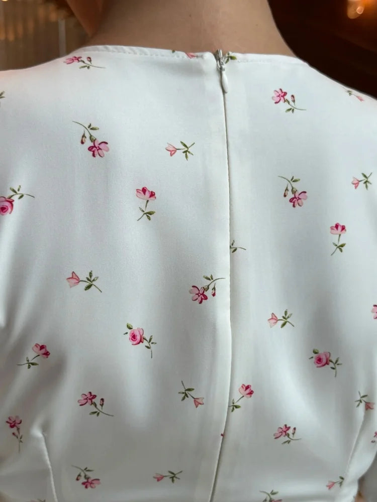 Tossy Floral Print Midi Dress Ruched Dress Round Neck Short Sleeve Fitted Waist Small Flower Print Bodycon Party Clubwear Dress