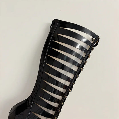 Liyke Fashion Hollow Out Cross Strap Knee High Boots Sandals Women Zip Sexy Peep Toe Stripper Heels Shoes Female Long Booties