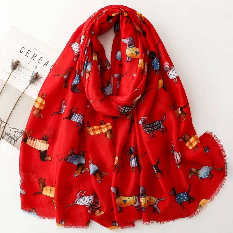Cozy Dachshund Dog Cat Pattern Viscose Shawl for Women - 180x90Cm Fringe Detail Breathable Thin Wrap Scarves Autumn/Winter Snood