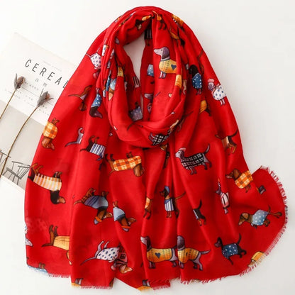 Cozy Dachshund Dog Cat Pattern Viscose Shawl for Women - 180x90Cm Fringe Detail Breathable Thin Wrap Scarves Autumn/Winter Snood