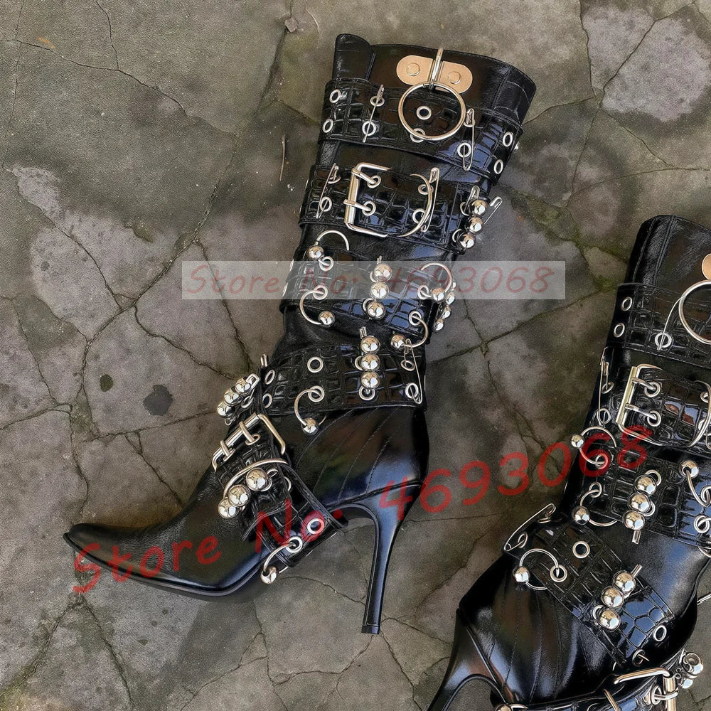 Metal Ring Rivet Black Knee High Boots Women Sexy Belt Buckle Cross Strap Thin High Heels Ladies Streetwear Punk Pointy Boots