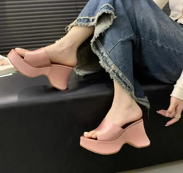 Summer Women's Slippers Fashion Platform Sandals Luxury Leather Casual Slippers High-heele Slippers for Women Open Toe Sandalias