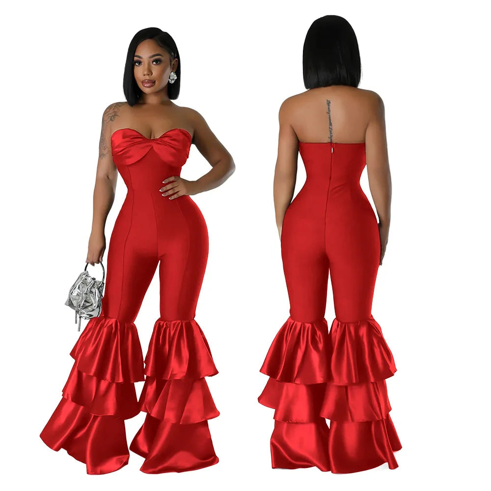 Jumpsuits Strapless Women Sleeveless Sexy Rompers One Piece Overalls Slim Fit Long Pant Ruffles Patchwork Elegant Lady