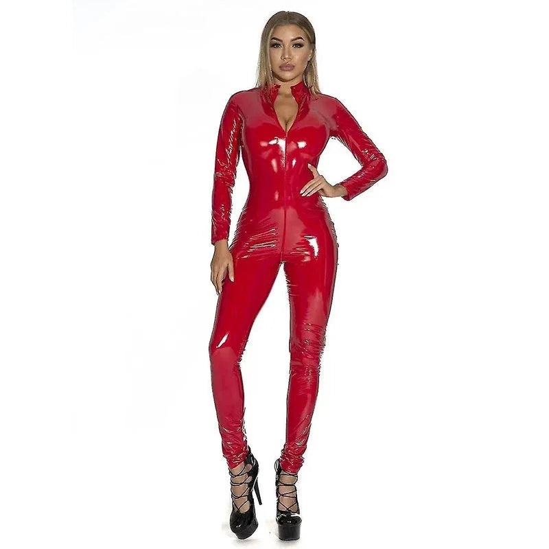 Sexy Black Latex Jumpsuit High Neck Long Sleeve Shiny Fitted Bodycon Catsuit With Front And Back Invisible Zipper Party Clubwear