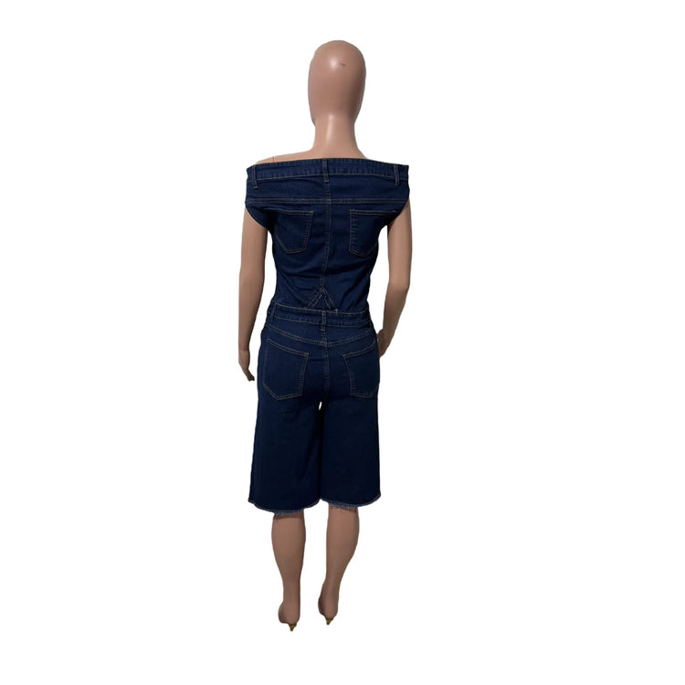Jumpsuits Women Denim One Piece Short Sleeve Overalls Knee Length Pants Tight Waist Rompers Y2k Streetwear Slash Neck 2026