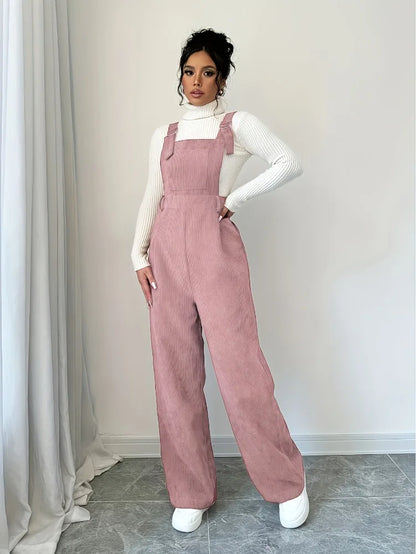 Women Casual Jumpsuit Corduroy Wide Shoulder Straps Button Detail Solid Color Relaxed Fit Autumn Winter Hand Wash Only