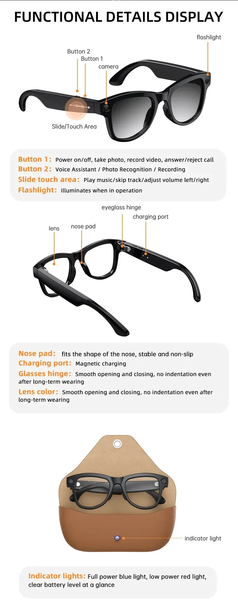 Smart Glasses with Camera 8MP HD Photo Video Recording EIS Anti Shake 1400mAh Charging Case WiFi Sync Transfer for Men Women
