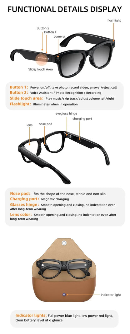 Smart Glasses with Camera 8MP HD Photo Video Recording EIS Anti Shake 1400mAh Charging Case WiFi Sync Transfer for Men Women
