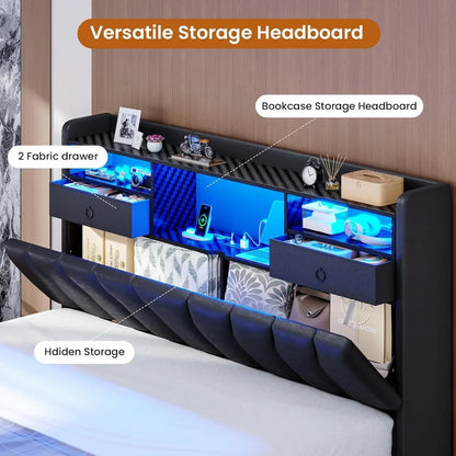 Platform Bed with Storage, Gaming Features and Charging Station, Leather Upholstered, Without Box Spring, Black