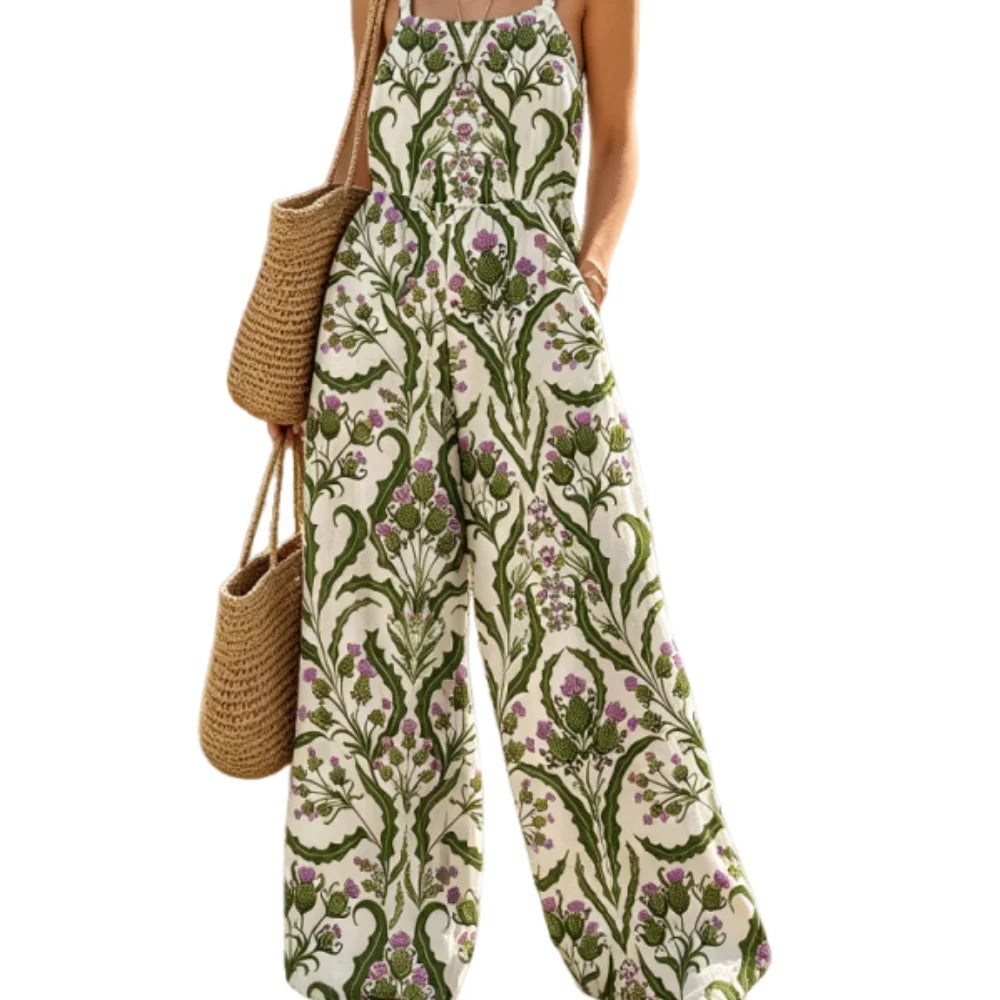 2026 New Style Fashion Women's Printed One-Piece Pants with Bohemian Square Collar, Loose Wide Leg, Elastic Waist, Green Thistle Print in Light Color, US Size, US Warehouse, Fast Shipping, Elegant Spring-Summer Outdoor Vacati