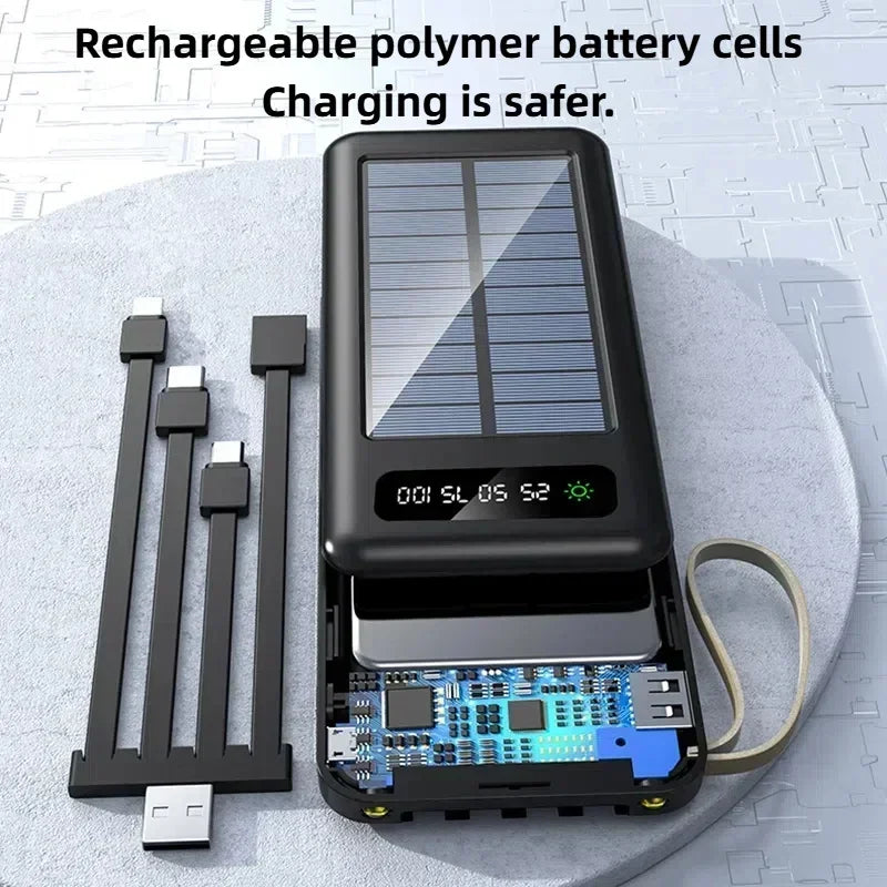 VIVO 200000mAh Solar Power Bank Large Capacity Mobile Power Fast Charging Battery Dual USB 4 Cables For iPhone Samsung Huawei