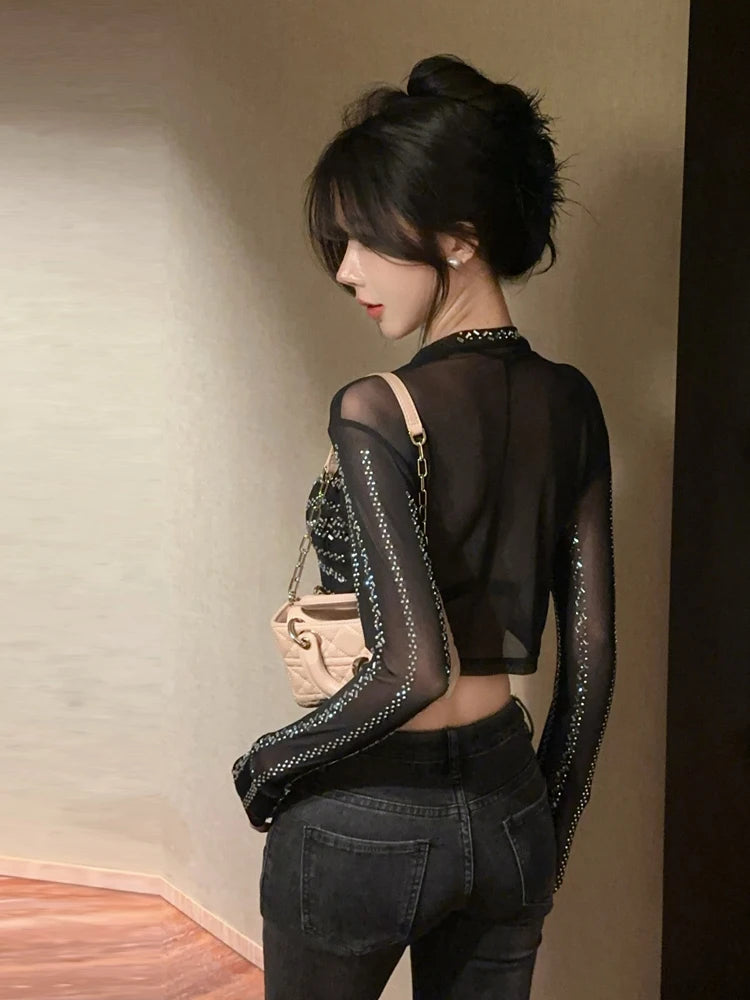 Heavy Duty Rhinestone Short Crop Mesh Long Sleeve T-Shirt round Neck Overhead Slimming Top for Young Women Daily Wear