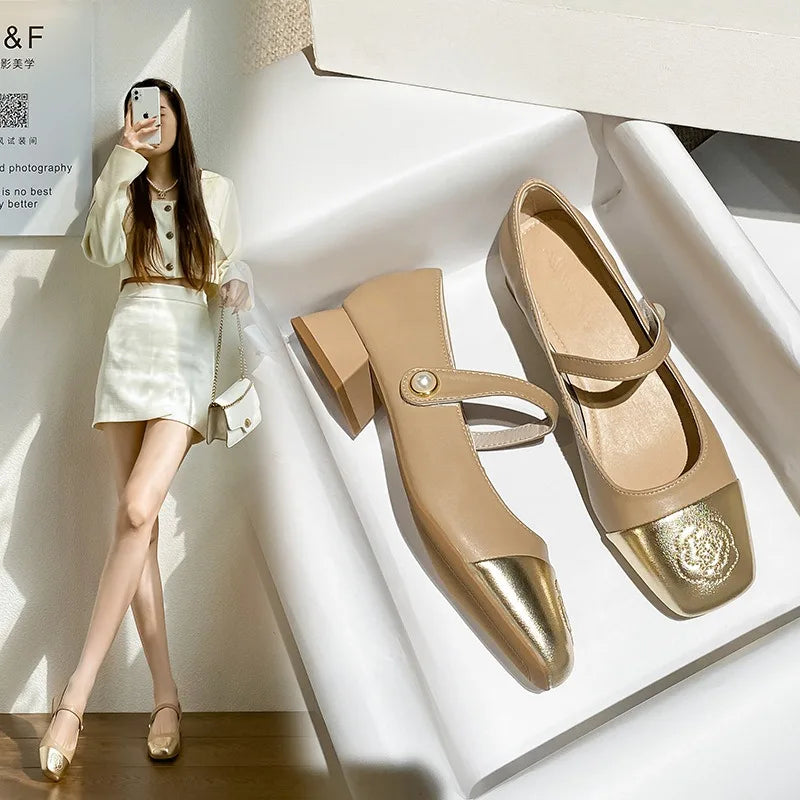 Fashion Mary Jane Women's Shoes 3cm Wide Heel Pumps Embroidered Flowers Pearl Buckle Strap Mary Jane Shoes Luxury Leather Heels
