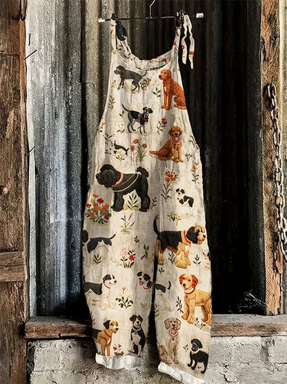 New Summer Women's Jumpsuit Cartoon Dog Print Fashion Cute Casual Jumpsuit Women's Parent-Child Outdoor Travel Lace-Up Jumpsuit