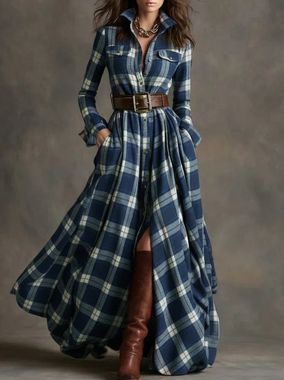 Autumn Vintage Long Sleven Dress for Women Plaid Print Shirt Maxi Dress Vacation Female Elegant Belt Loose Pocket A-line Dresses