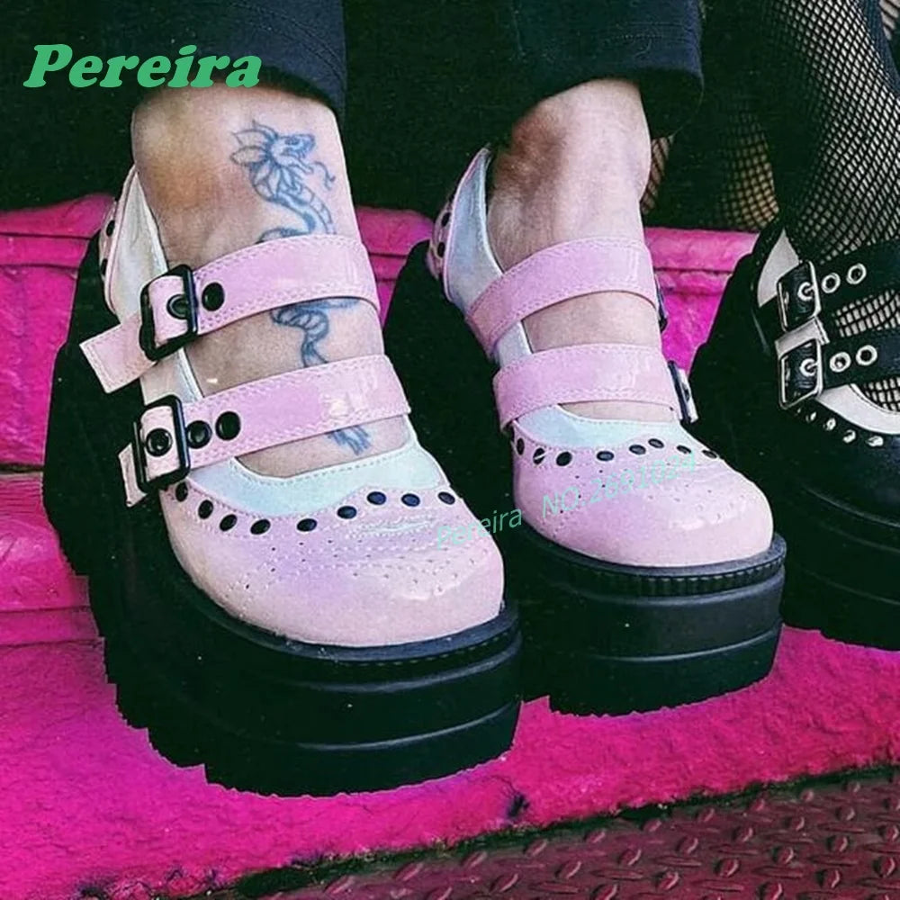 Pink Patchwork Multi-Buckled Ankle Boots Round Toe Gothic Thick Soled Shallow Women's Boots Autumn Summer Cutout Punk Shoes Sexy