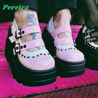 Pink Patchwork Multi-Buckled Ankle Boots Round Toe Gothic Thick Soled Shallow Women's Boots Autumn Summer Cutout Punk Shoes Sexy