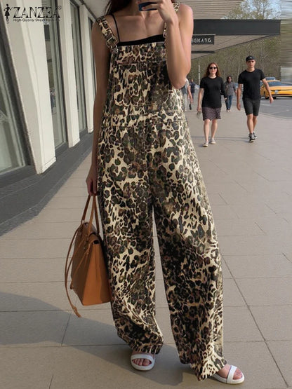 2025 ZANZEA Women Long Jumpsuits Leopard Print Summer Overalls Casual Pockets Fashion Wide Leg Pants Loose Streetwear Rompers