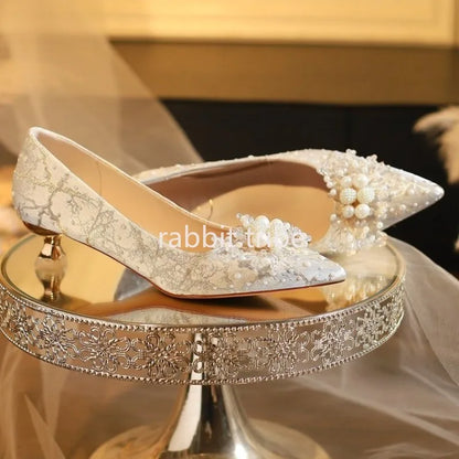 New Designer Low Heel Wedding Shoes Luxury Pearl Water Diamond Decoration Banquet Women's Shoes High Heel Women's Singles Shoes