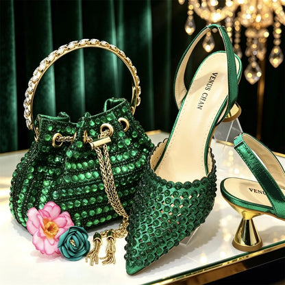 Multicolor Rhinestone Heels & Bag Set | Crystal Pointed Slingback Pumps, Women Wedding Bridal Evening Party Matching Shoes Handb