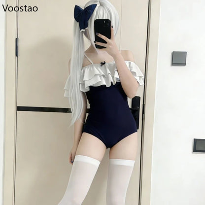 Japanese Harajuku Swimming Jumpsuits Girls Ruffles Sleeveless Straps Swimsuit Women Sexy Cosplay Bodysuit Hottie Tights Rompers