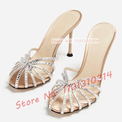 Gemstone High Heel Silk Slippers Women Luxury Caged Stiletto Heels Metallic Slippers Ladies Stylish Cross Strap Summer Shoes