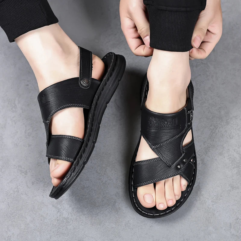 Mens Slippers 2026 New Summer Breathable Outdoor Non Slip Thick-soled Beach Shoes Leather Comfortable Casual Driving Sandals Man