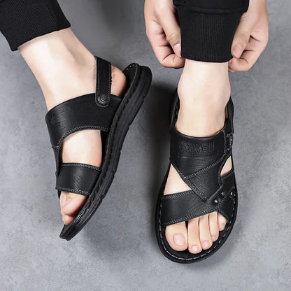 Mens Slippers 2026 New Summer Breathable Outdoor Non Slip Thick-soled Beach Shoes Leather Comfortable Casual Driving Sandals Man